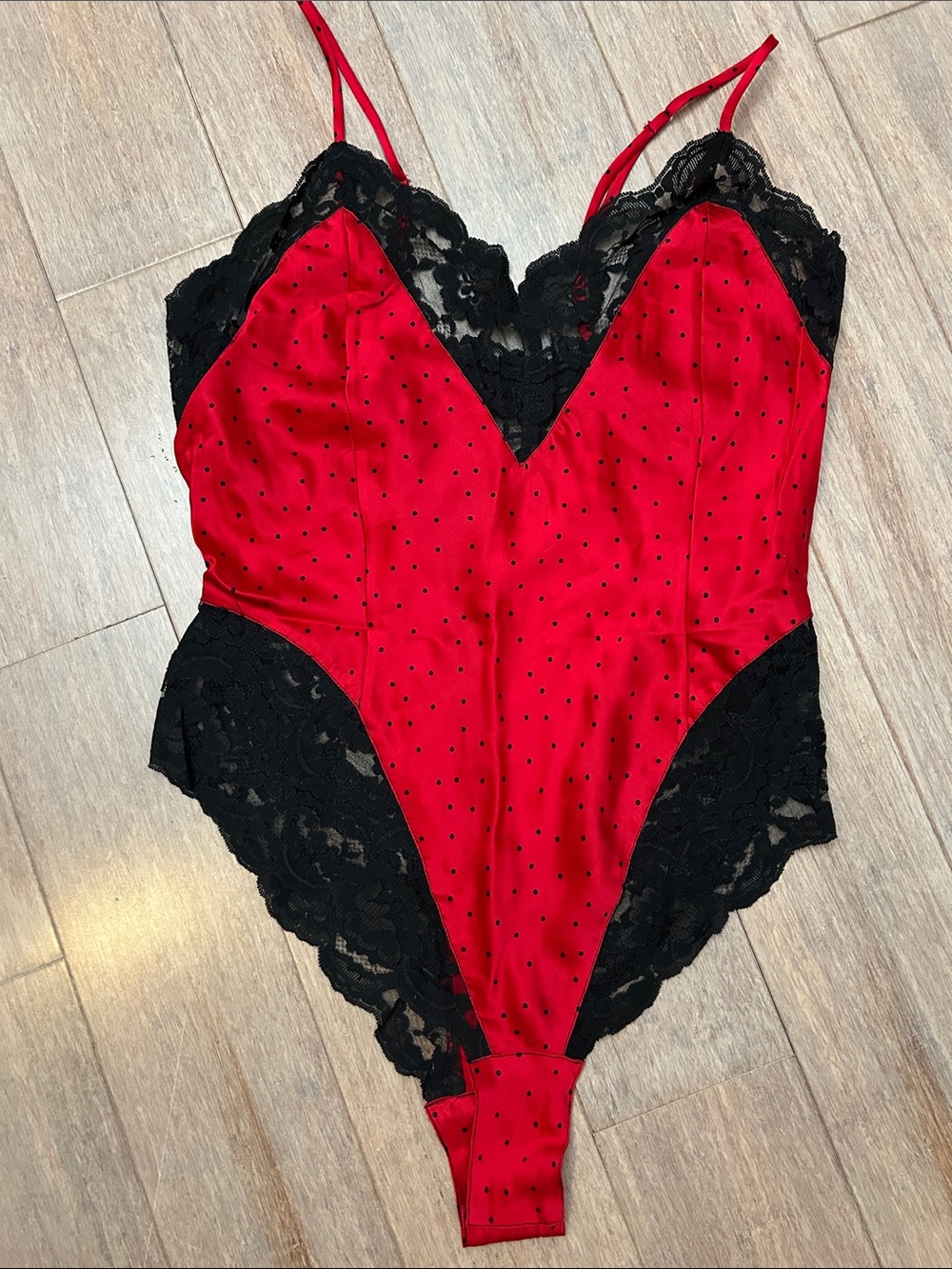VTG Gold Label Silk Victoria's Secret Red and Black Lace Polka Dot Teddy L